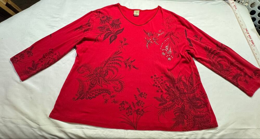 Jess & Jane Women’s 3X 100% Cotton Top Red Y2K Rhinestones Lace Works Botanical